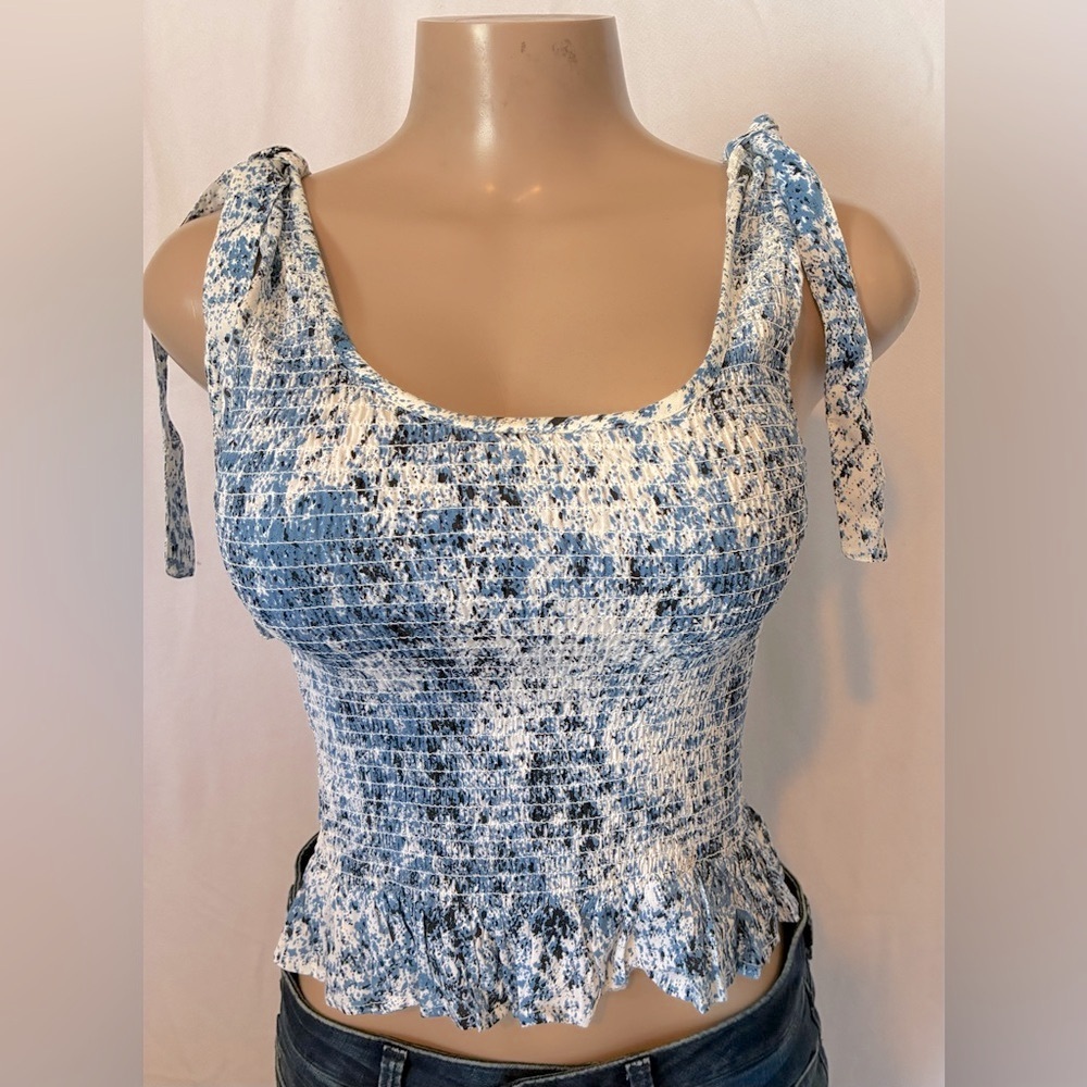 Blue and White Slim Fit Shirred Women's Tank Top with Ruffle Bottom